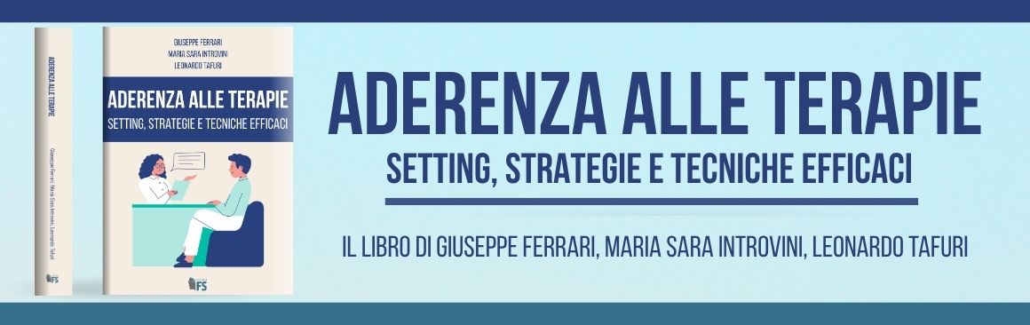 Mockup del libro "Aderenza alle terapie - setting strategie e tecniche efficaci" di Giuseppe Ferrari, Maria Sara Introvini, Leonardo Tafuri
